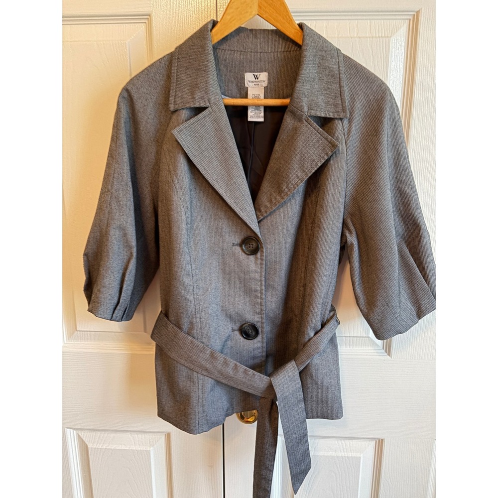 Worthington Petite Gray Pinstripe Pant Suit Set Vintage Y2K Jacket 12P LP
